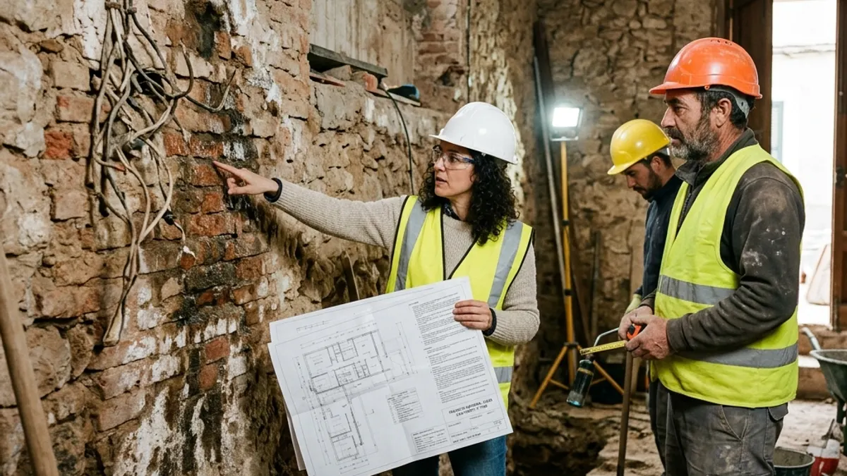 Técnico inspeccionando estructura y humedades en casa antigua antes de reformar en Cartagena