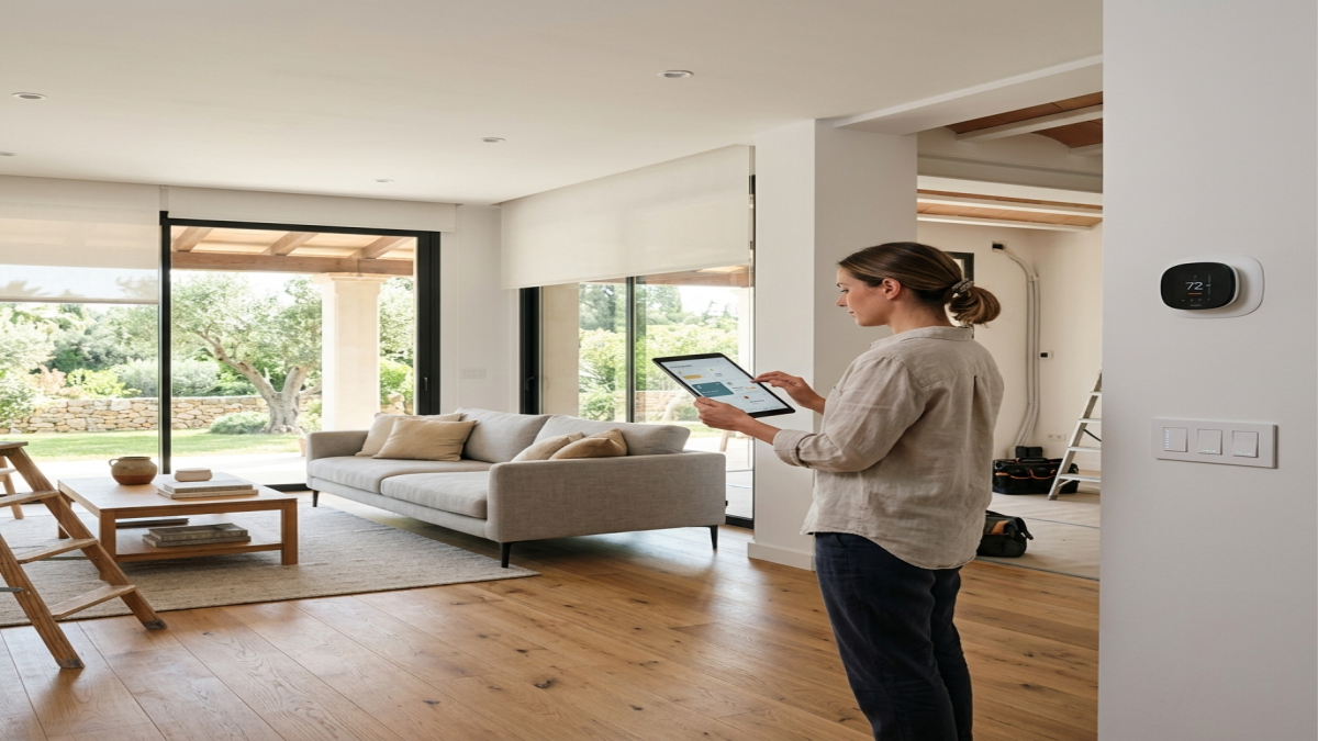 Salón moderno con domótica integrada durante una reforma integral en Cartagena