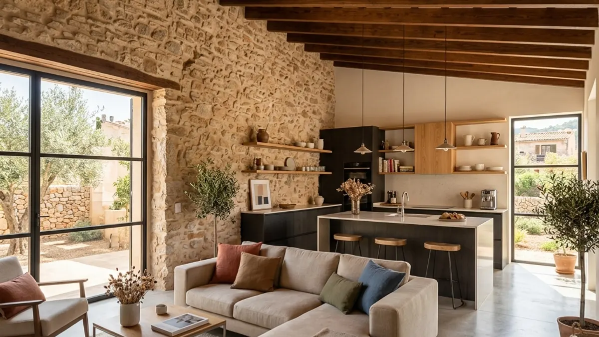 Interior de casa antigua reformada en Cartagena con cocina abierta y vigas restauradas