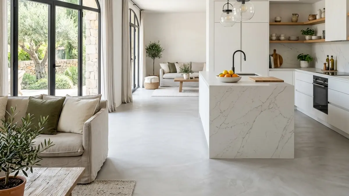 Suelo de microcemento continuo en cocina reformada sin juntas ni azulejos