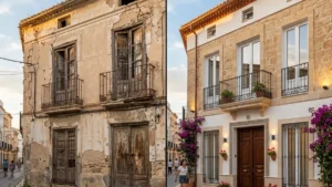 Fachada de casa antigua reformada en Cartagena con acabados modernos