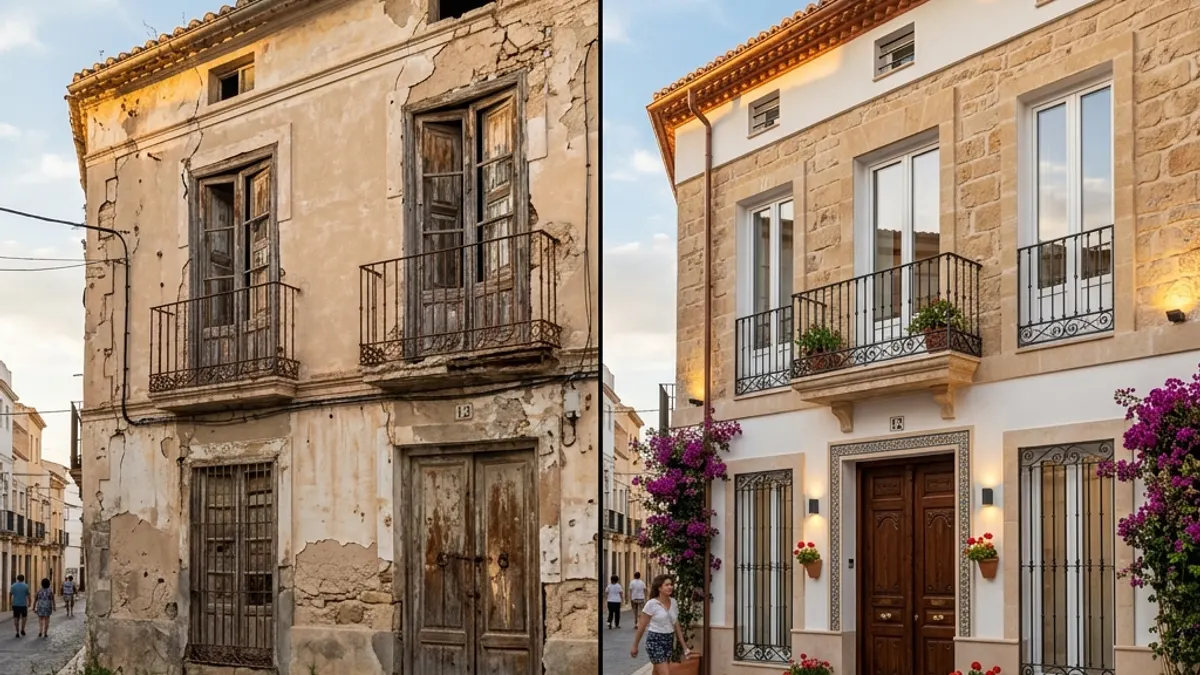 Fachada de casa antigua reformada en Cartagena con acabados modernos