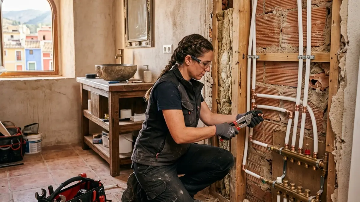 Fontanero instalando tuberías nuevas de multicapa en reforma de vivienda en Cartagena