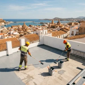 Operarios aplicando membrana impermeabilizante en terraza de edificio en Cartagena
