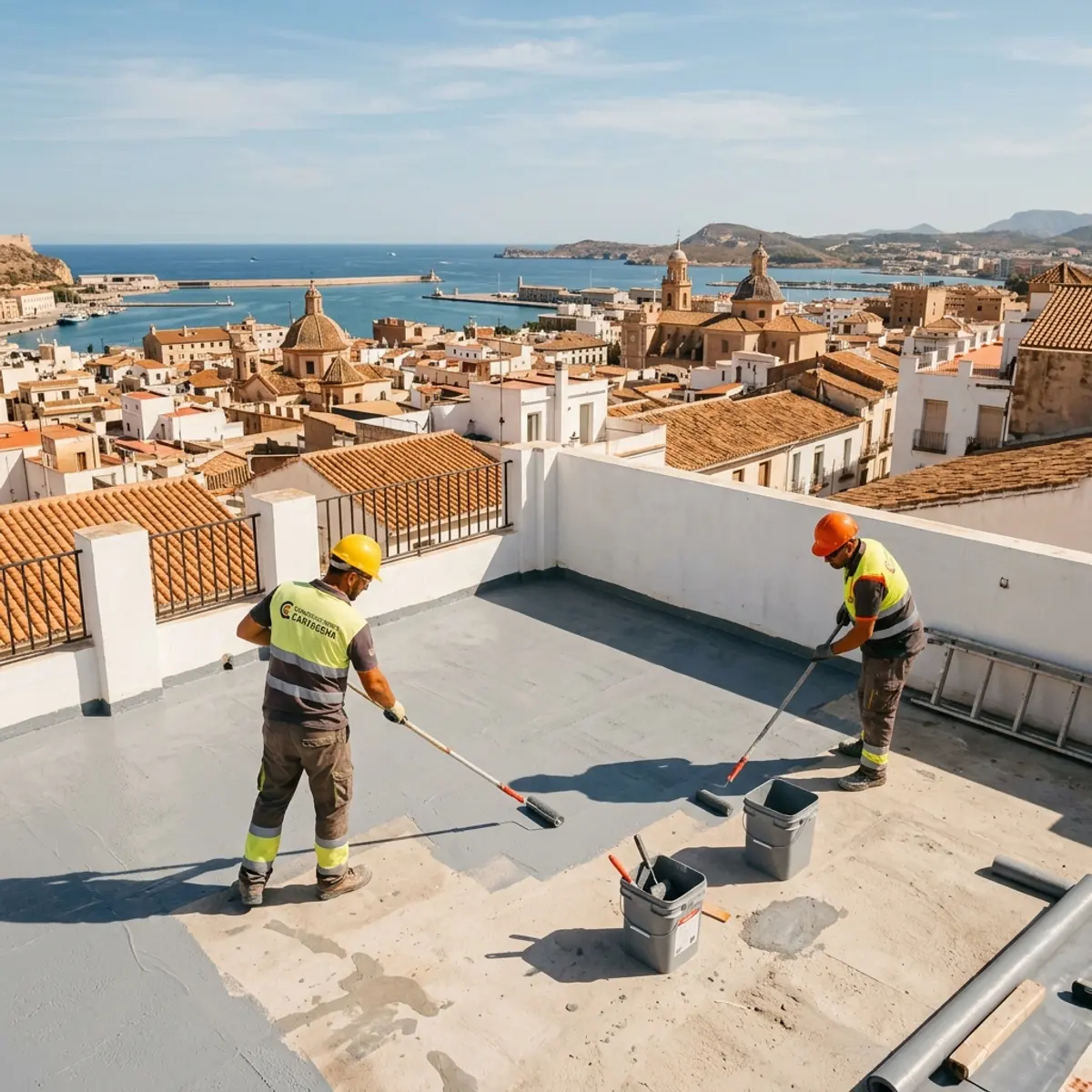 Operarios aplicando membrana impermeabilizante en terraza de edificio en Cartagena