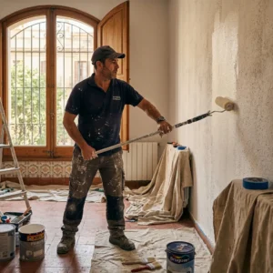 Pintor profesional pintando un piso en Cartagena con rodillo