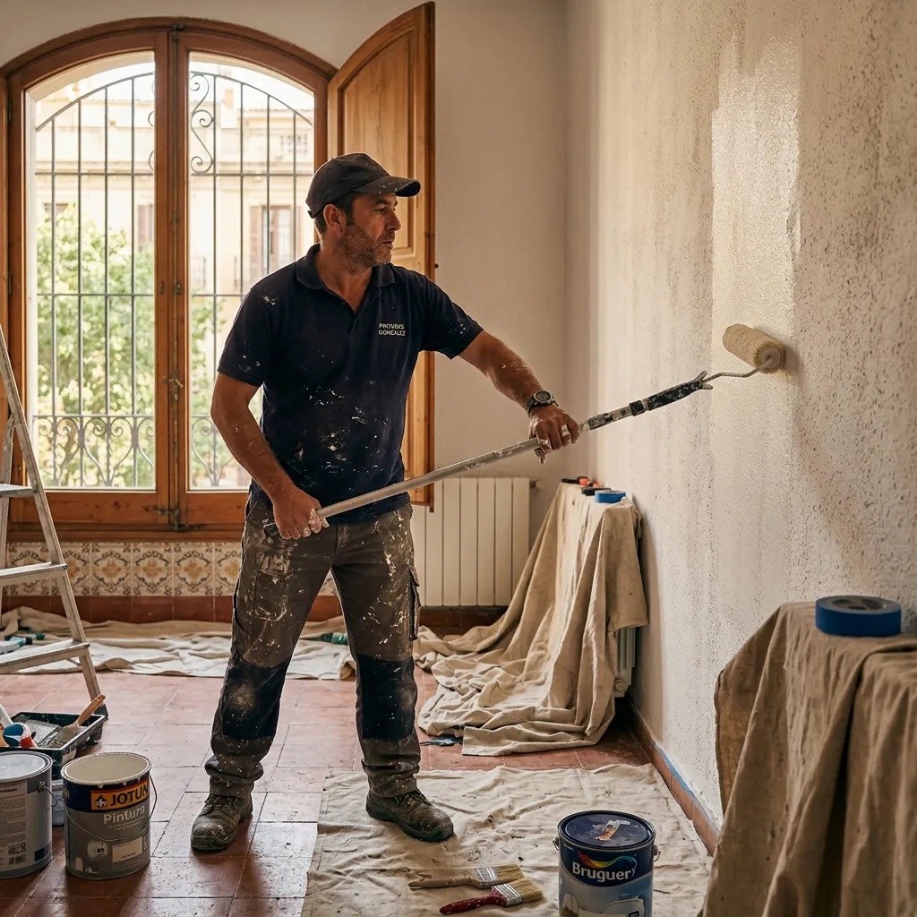 Pintor profesional pintando un piso en Cartagena con rodillo