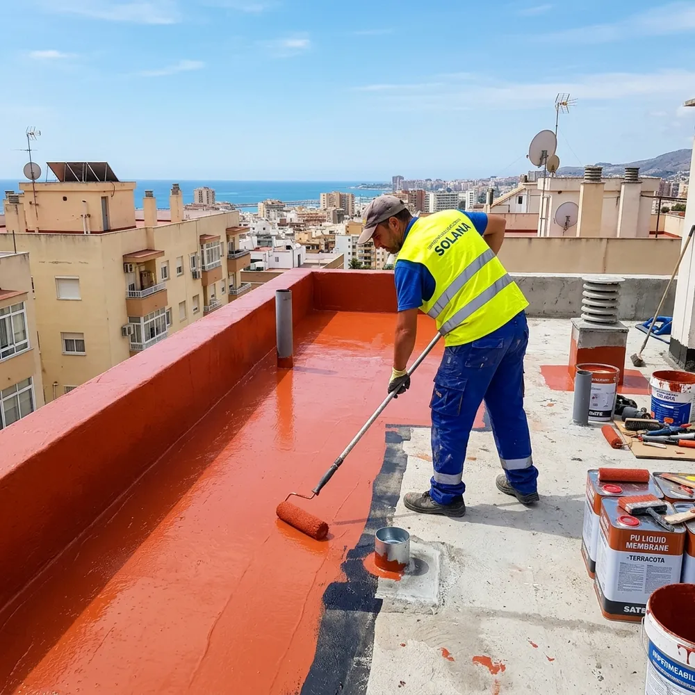 Aplicación de impermeabilización con poliuretano líquido en una cubierta plana en la Región de Murcia