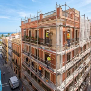 Rehabilitación de fachada de edificio con andamios en Cartagena