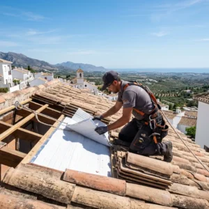 Operario profesional realizando la reparación de tejados en Cartagena en un día soleado