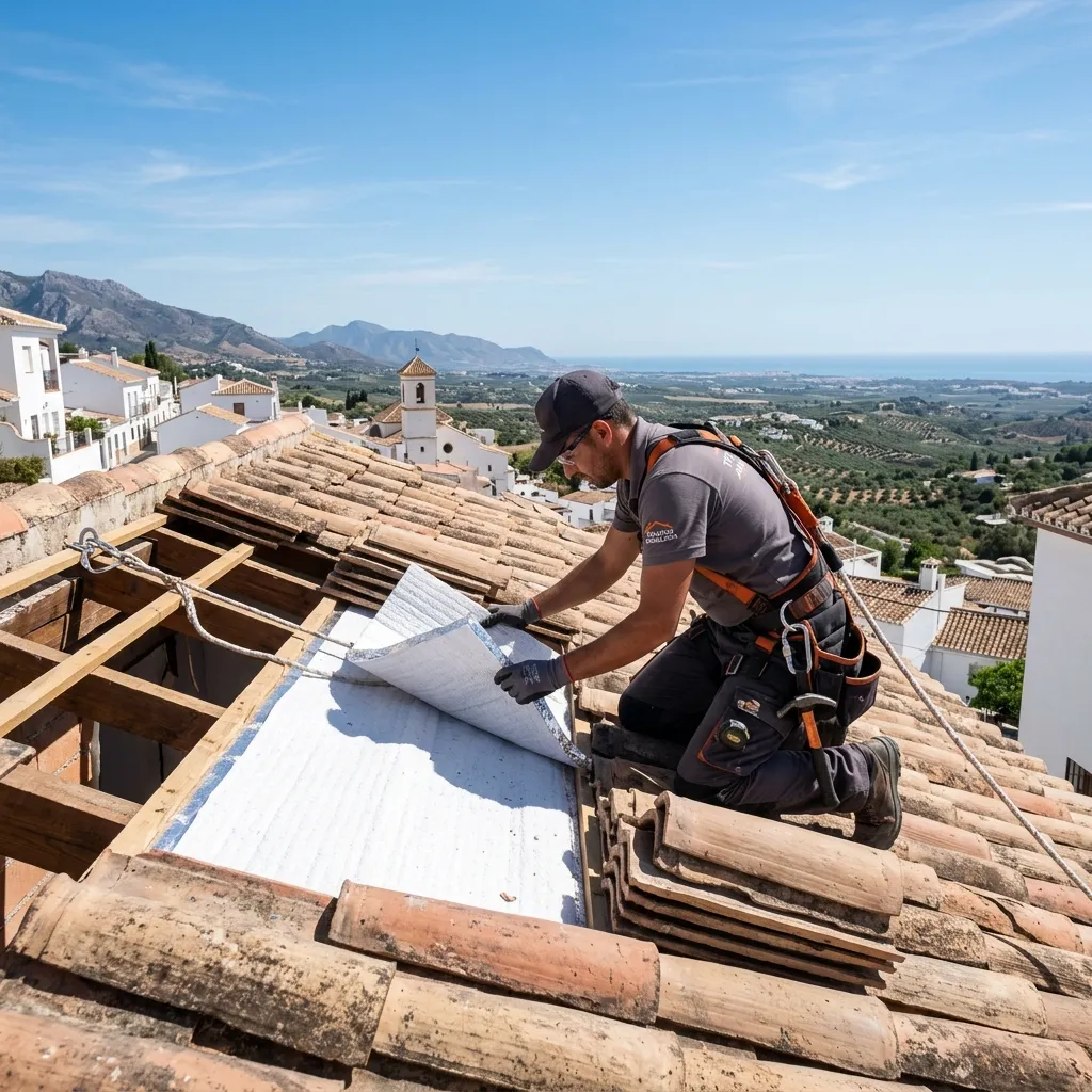 Operario profesional realizando la reparación de tejados en Cartagena en un día soleado