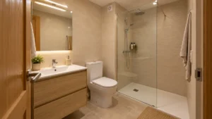 Baño sin ventana en Cartagena con extracción alta, ducha y luz de espejo